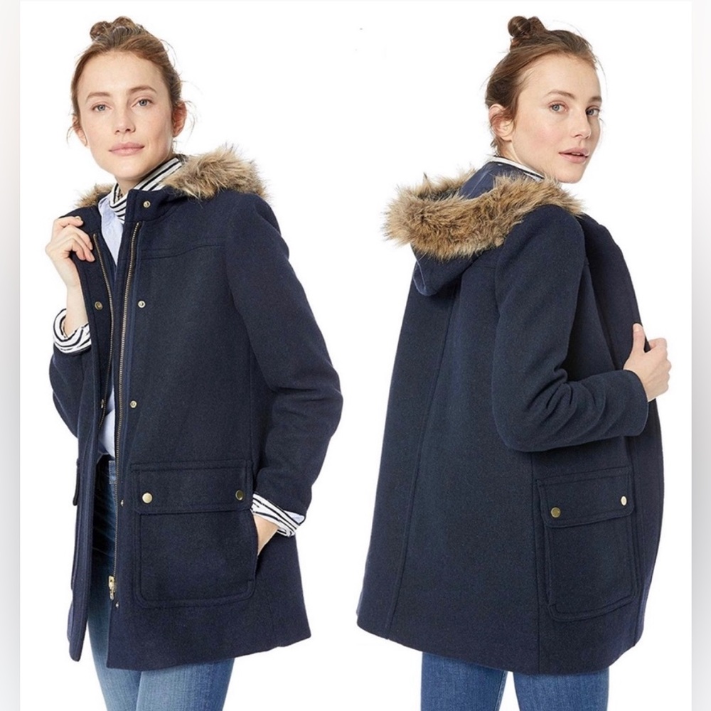J. CREW Mercantile Vail Parka Wool Hooded Fur Trim in Navy Blue Size 2